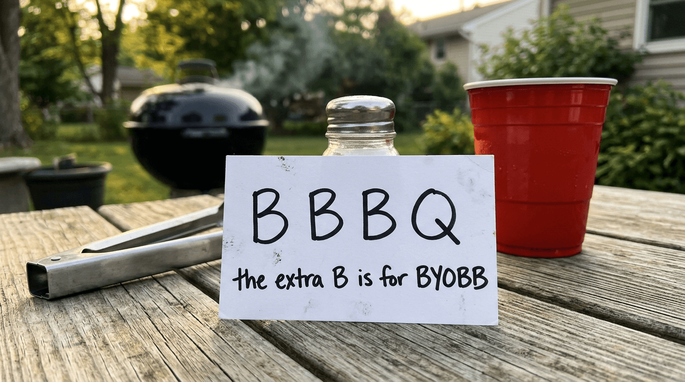 Handwritten backyard barbecue card reading BBBQ, the extra B is for BYOBB, propped on a picnic table