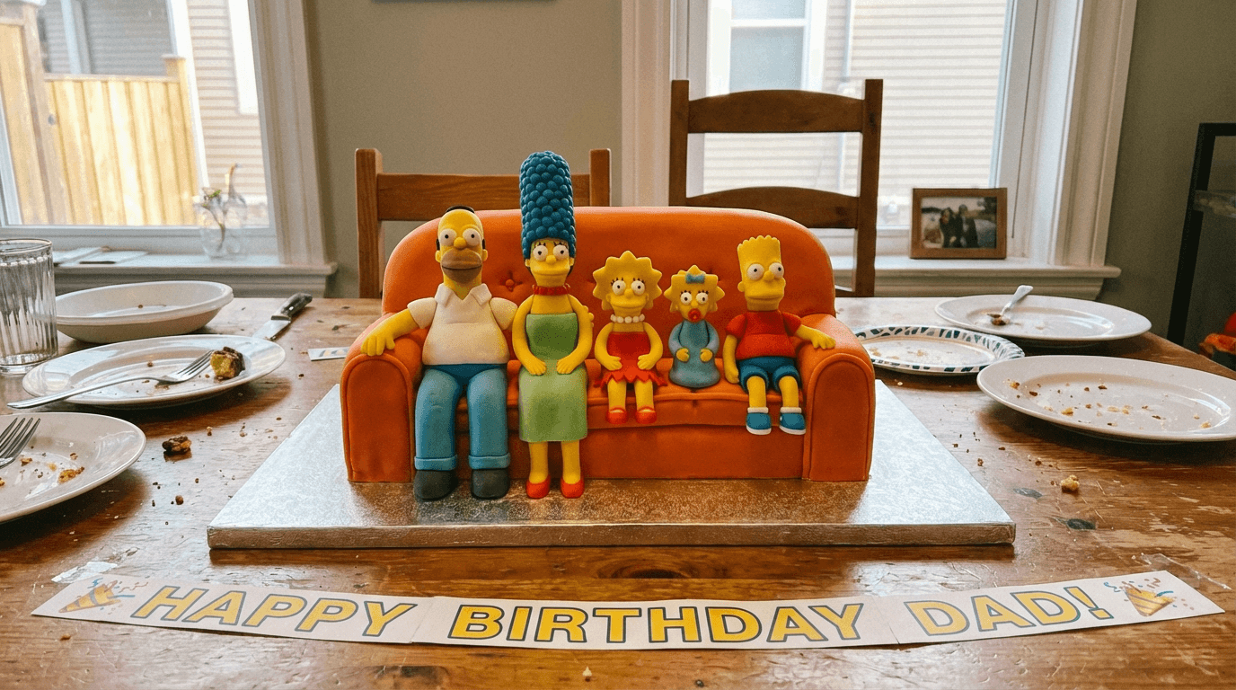 Rectangular orange birthday cake shaped like the Simpsons couch with yellow fondant family figures