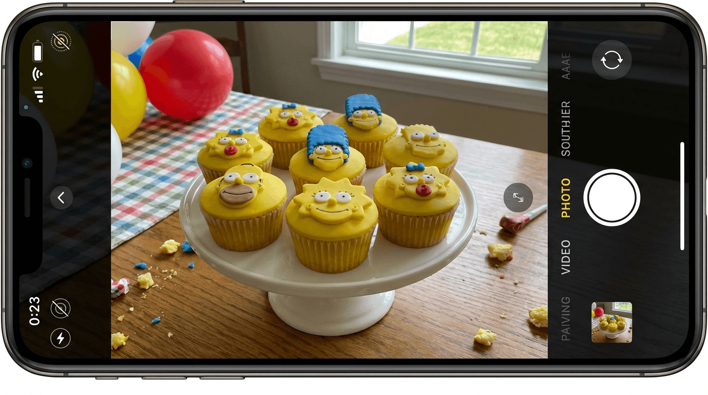 Yellow cupcakes with Simpsons character faces in fondant arranged on cake stand