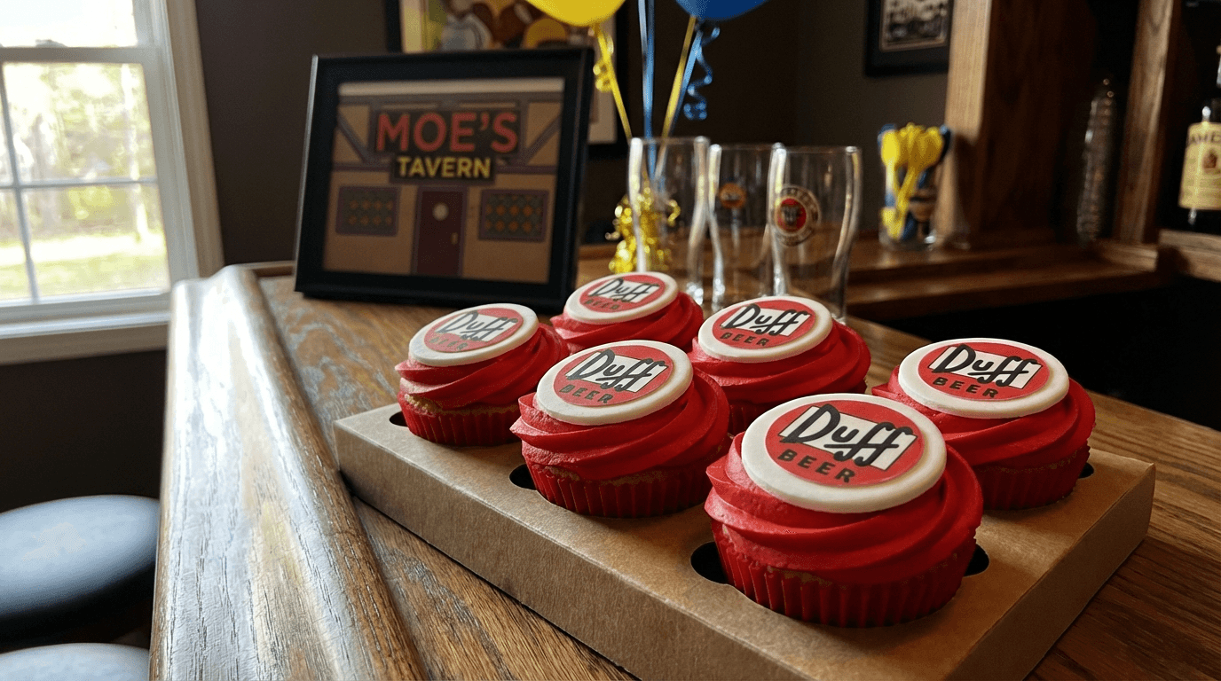 Red frosted cupcakes with Duff Beer logo fondant toppers arranged in six-pack formation