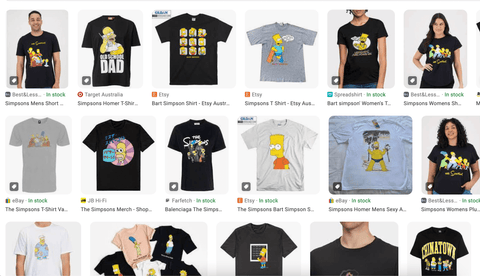 The search results for "Simpson's T-shirts" on Google