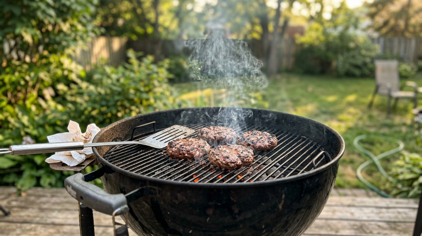 Backyard charcoal grill with burgers cooking and a thin wisp of smoke rising