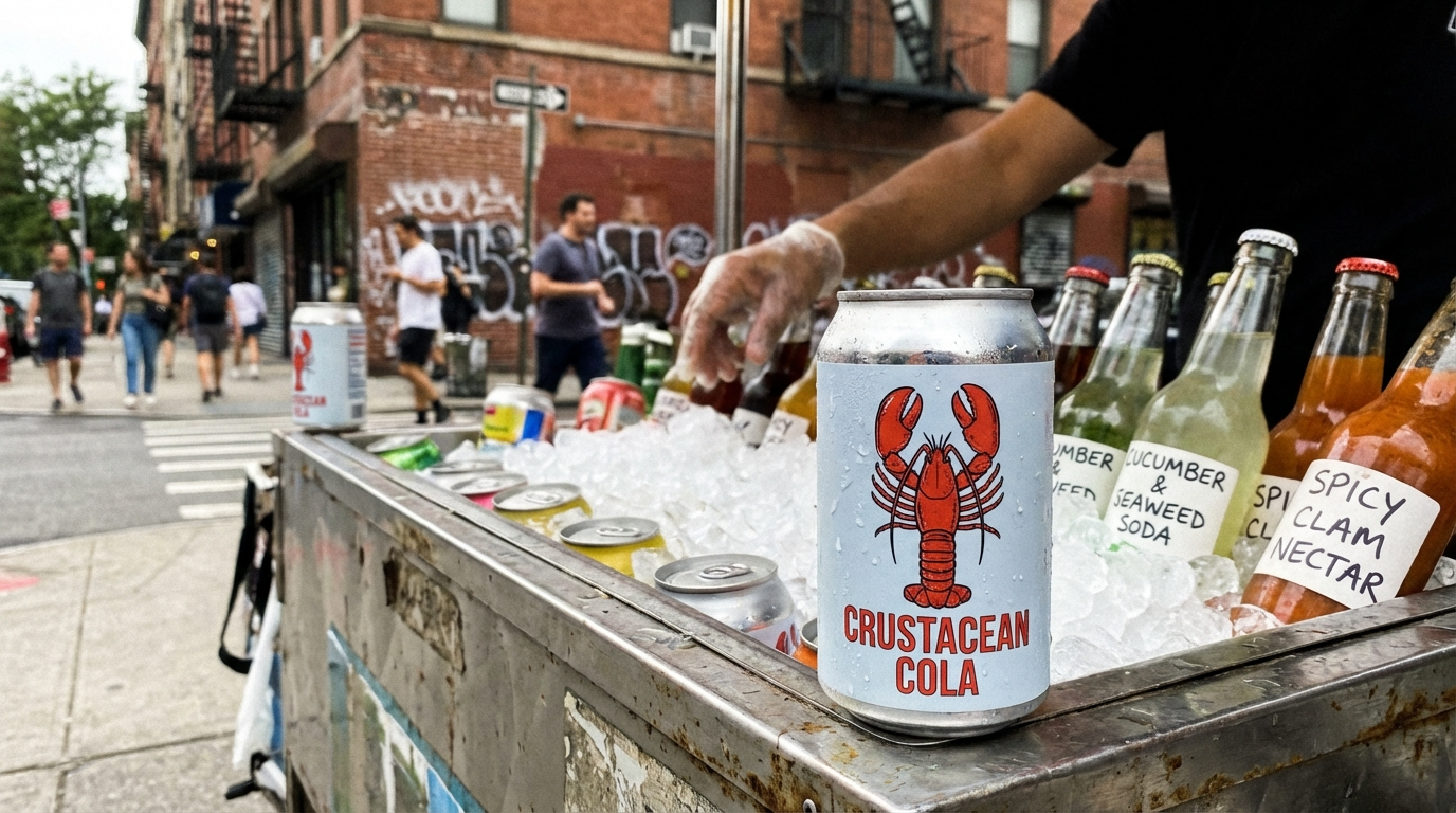 Street food cart beverage display with unusual drink options