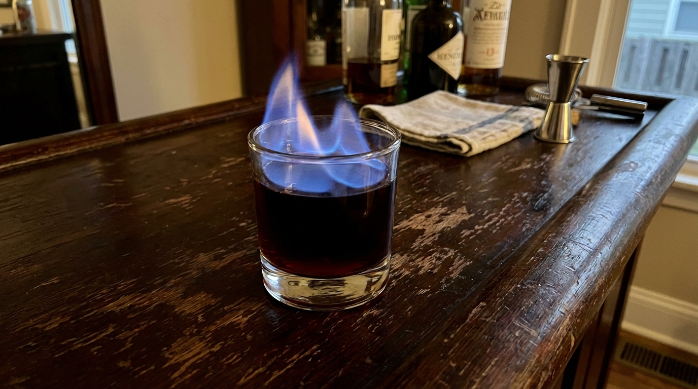 Flaming Moe cocktail with blue flame on surface, rocks glass on dark wooden bar counter, casual iPhone photo style