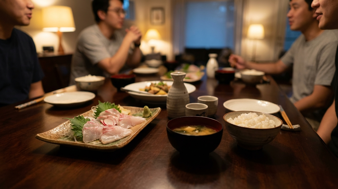 Elegant Japanese dinner spread with sashimi, miso soup, rice, and sake on dark wooden table, moody lighting, iPhone photo style