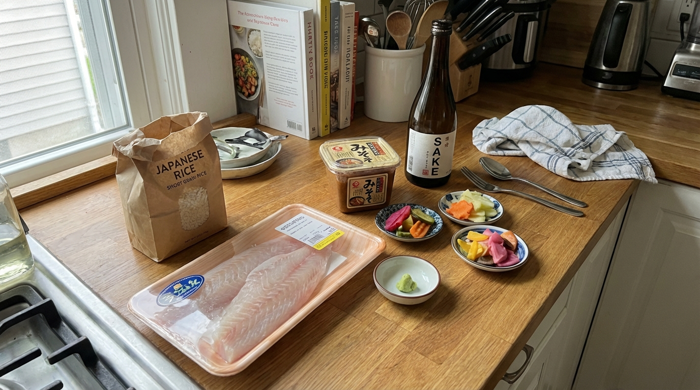 Ingredients laid out: fresh sashimi-grade fish, short grain rice, miso paste, dashi, sake, pickled vegetables, wasabi, on clean kitchen counter