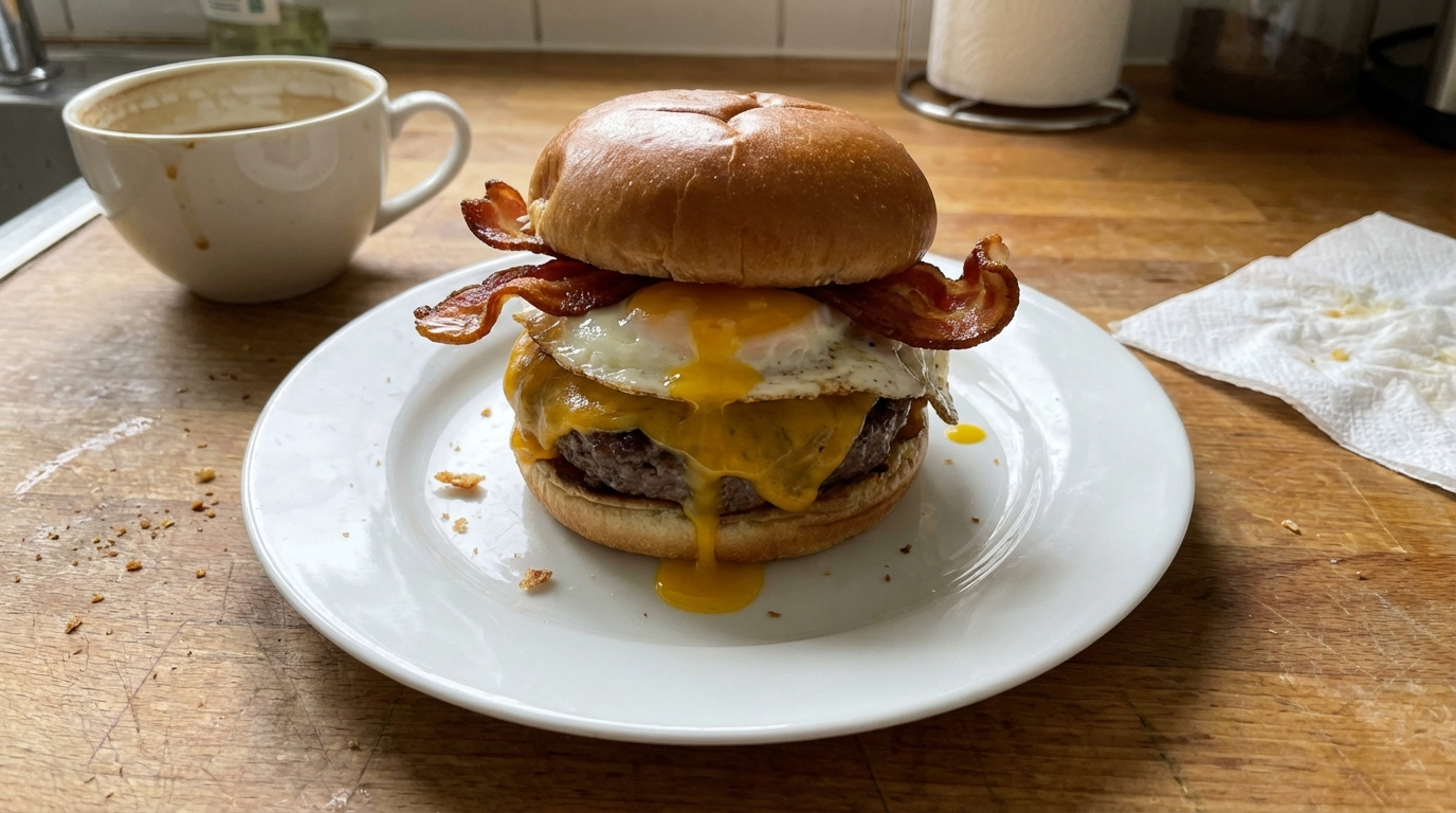 Good morning burger on plate, beef patty topped with fried egg, bacon strips, and melted cheese on toasted bun, casual breakfast scene, iPhone photo