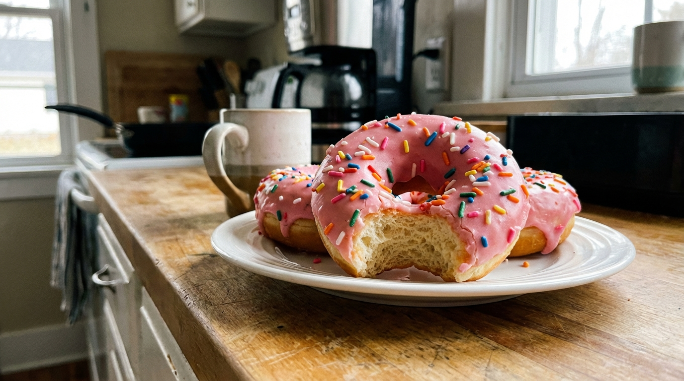 Pink frosted donuts with rainbow sprinkles on a kitchen plate, one with a bite taken out, casual home kitchen background, natural morning lighting, iPhone photo style