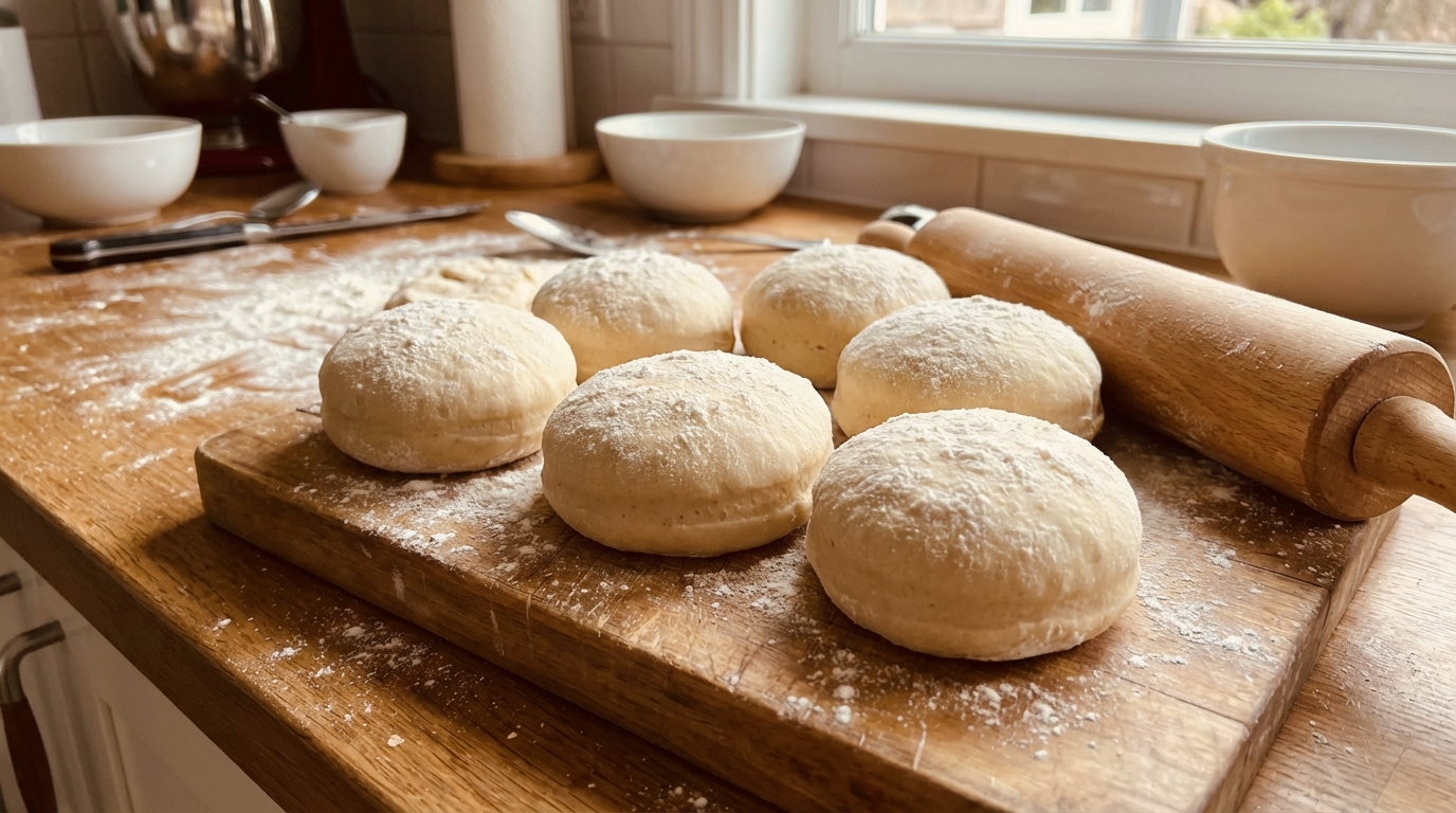 Donut dough balls on floured surface, rolling pin nearby, casual kitchen scene, natural lighting, iPhone photo