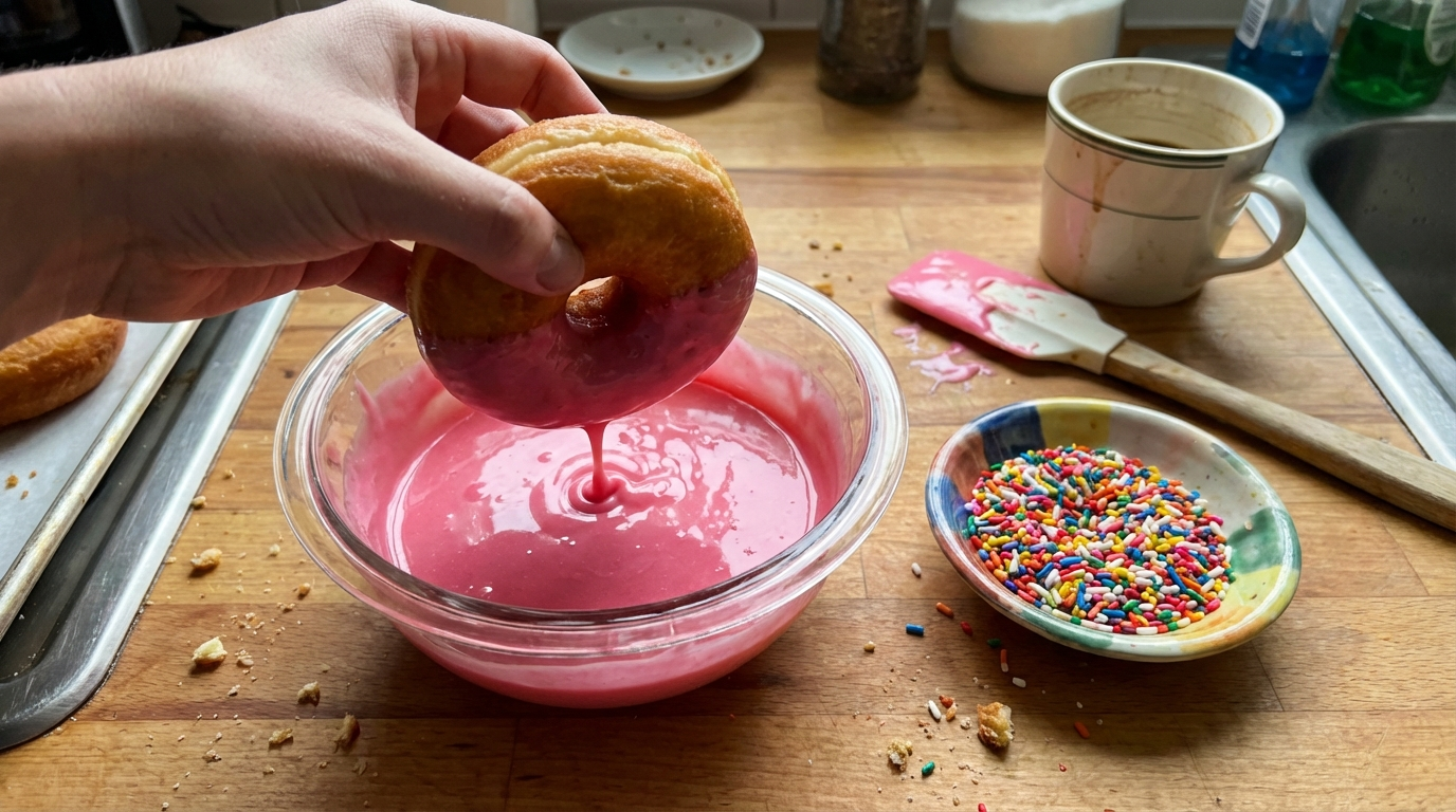 Pink frosted donut being dipped into pink glaze in a bowl, rainbow sprinkles in dish nearby, messy kitchen counter, natural lighting, iPhone photo