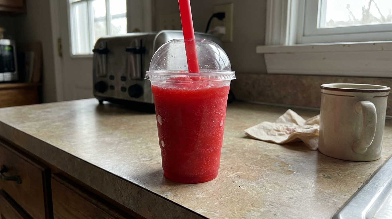 Bright red frozen slushie drink in clear plastic cup with dome lid and straw, convenience store style presentation, kitchen counter, iPhone photo