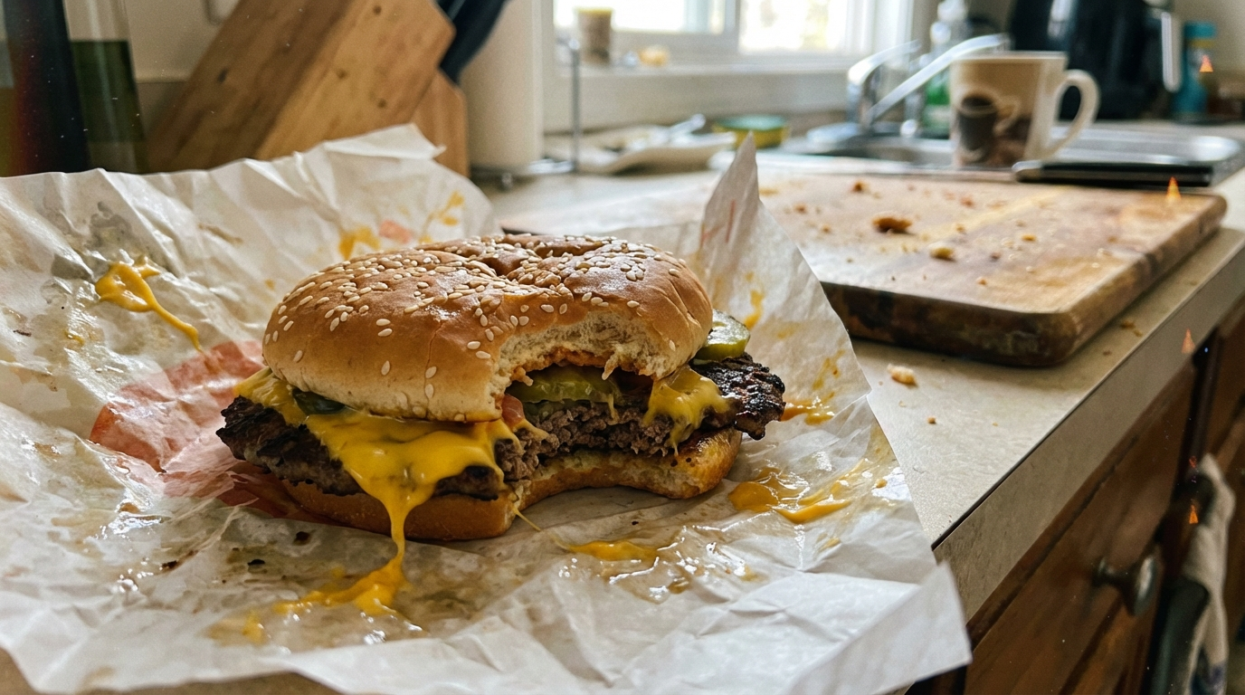 Greasy fast food burger on paper wrapper, yellow cheese melting over beef patty, sesame seed bun, casual messy presentation, fast food restaurant lighting, iPhone photo