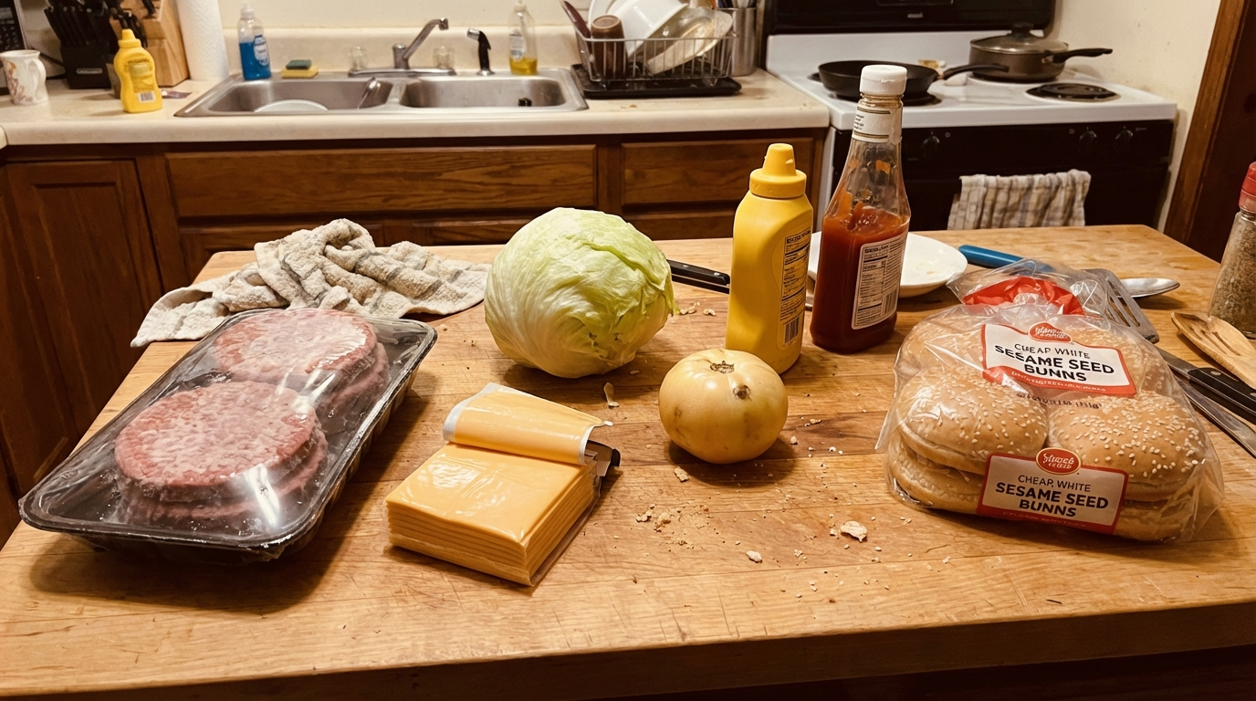 Krusty Burger ingredients on kitchen counter: frozen beef patties, processed cheese slices, soggy iceberg lettuce, pale tomato, yellow mustard, ketchup, cheap sesame buns