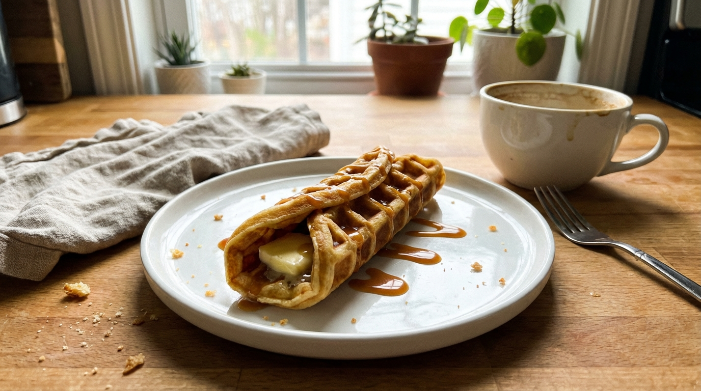 Moon Waffles on plate, waffle wrapped around butter stick, caramel sauce drizzled on top, casual messy breakfast scene, iPhone photo