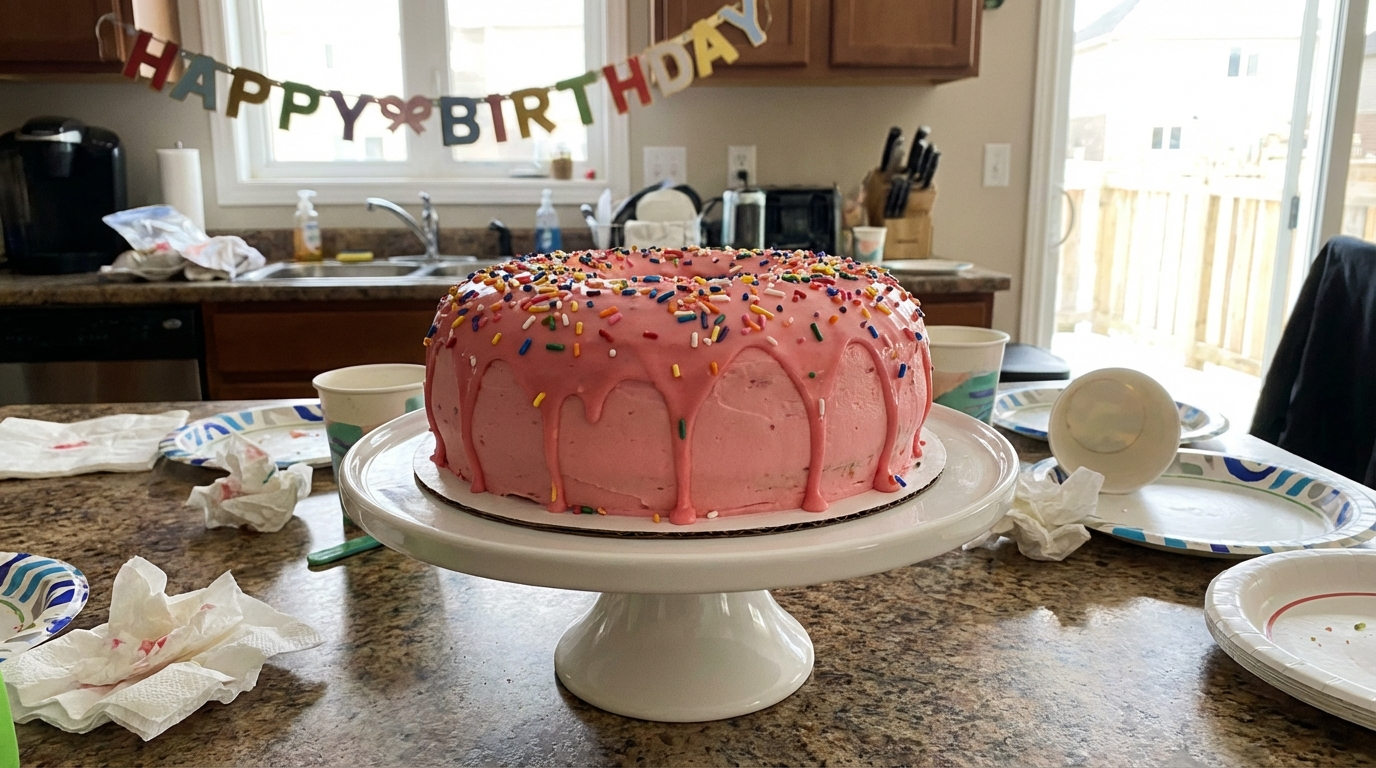 Round pink frosted birthday cake with rainbow sprinkles on white cake stand, donut-inspired design