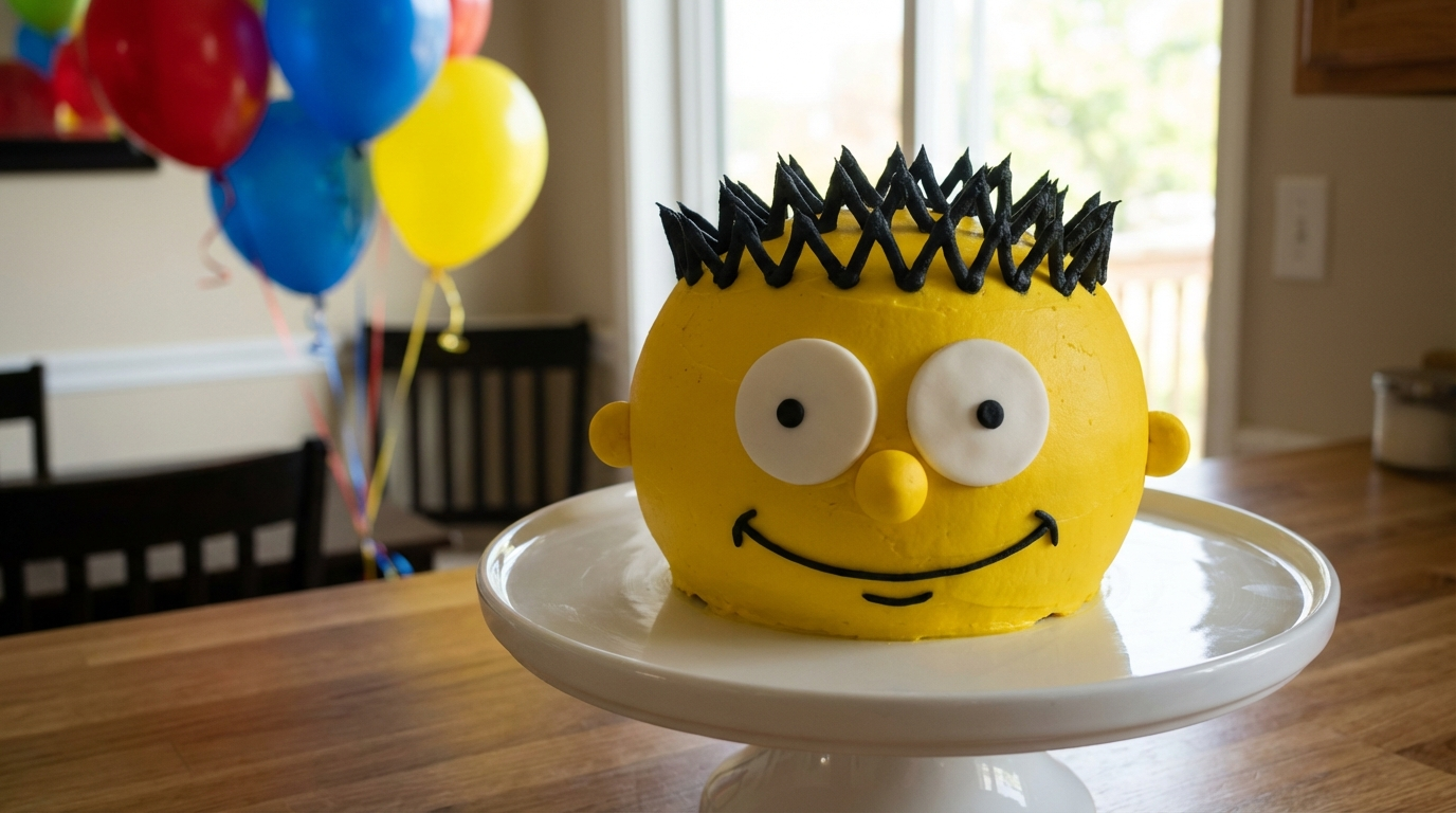Spherical yellow birthday cake shaped like Bart Simpson head on cake stand