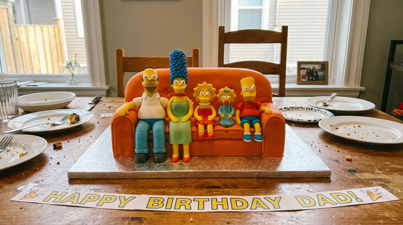 Rectangular orange birthday cake shaped like the Simpsons couch with yellow fondant family figures