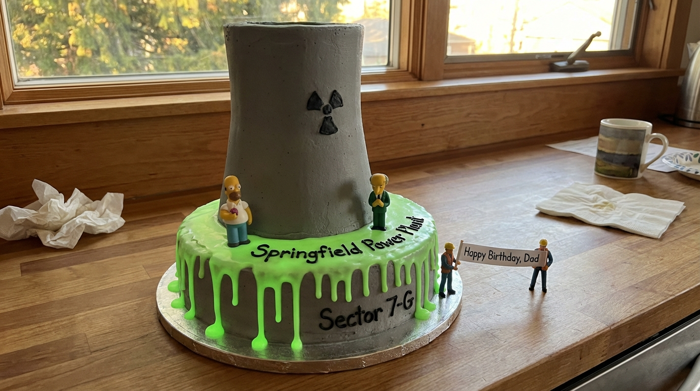 Cylindrical grey birthday cake shaped like nuclear cooling towers with green radioactive glow icing