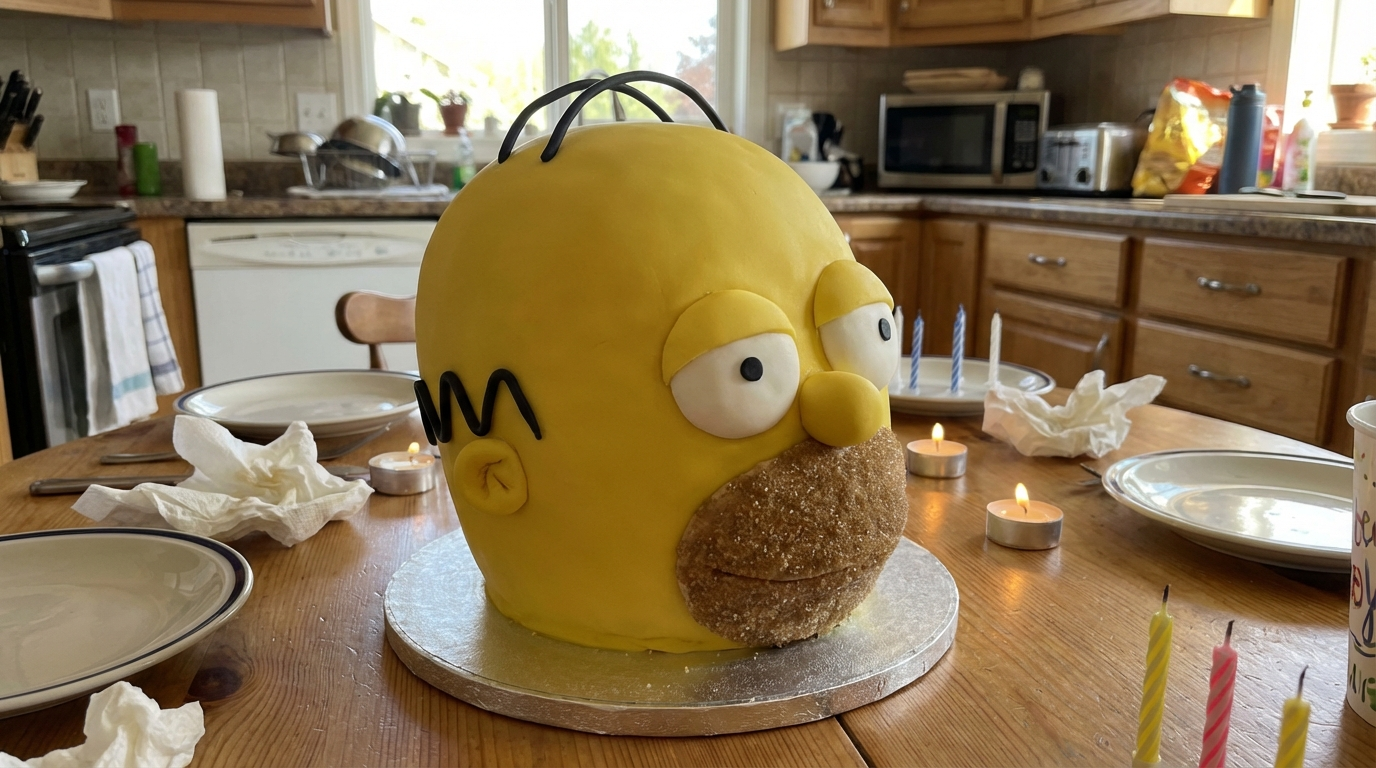 3D sculpted yellow fondant birthday cake shaped like Homer Simpson head