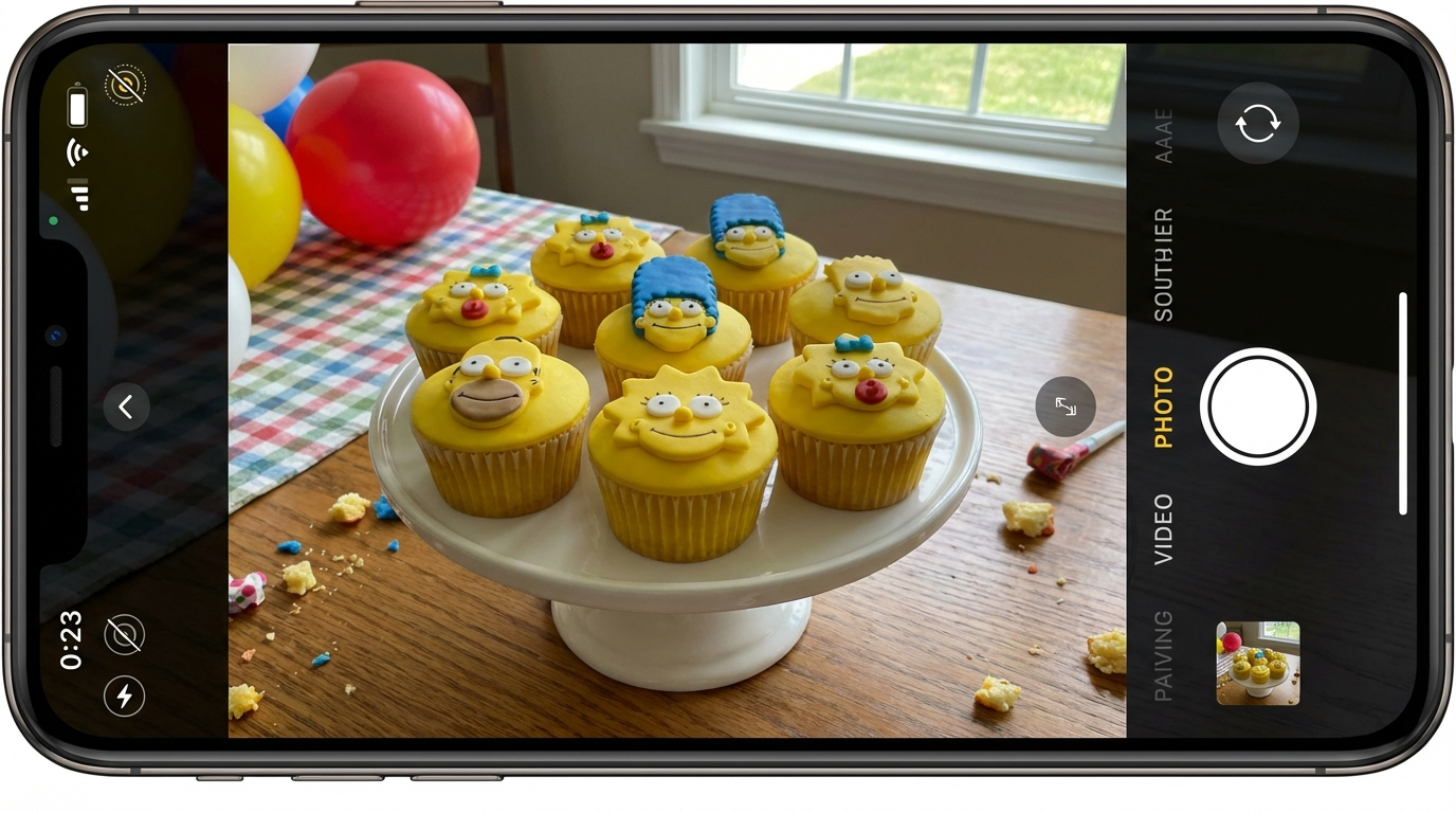 Yellow cupcakes with Simpsons character faces in fondant arranged on cake stand