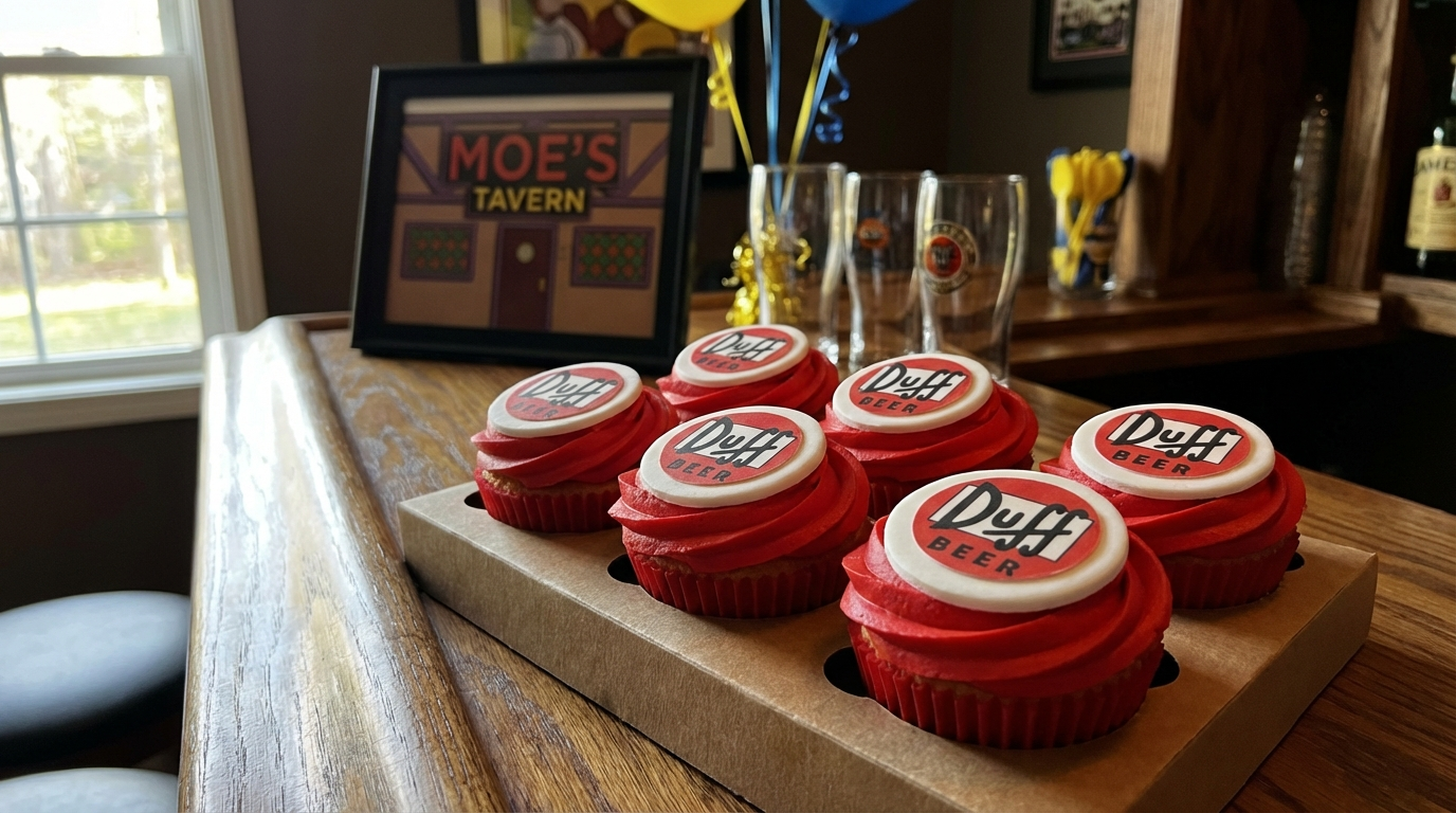 Red frosted cupcakes with Duff Beer logo fondant toppers arranged in six-pack formation