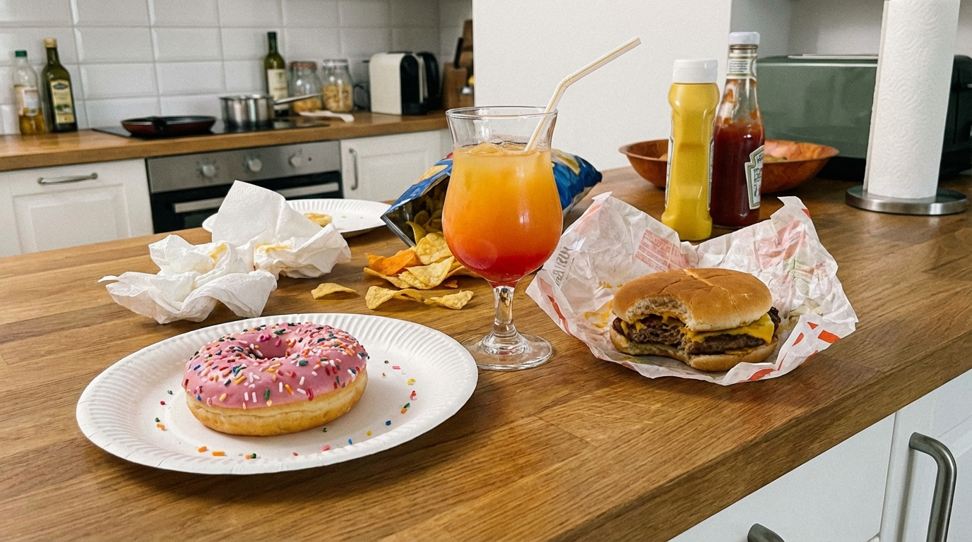 Collection of Simpsons-inspired food items arranged on kitchen counter, pink donut, burger, colorful drink, casual messy spread, iPhone photo