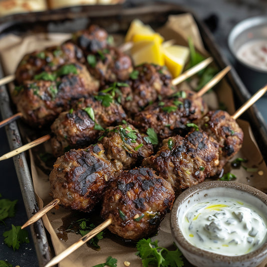 khlav kalash skewers on a tray with garlic sauce